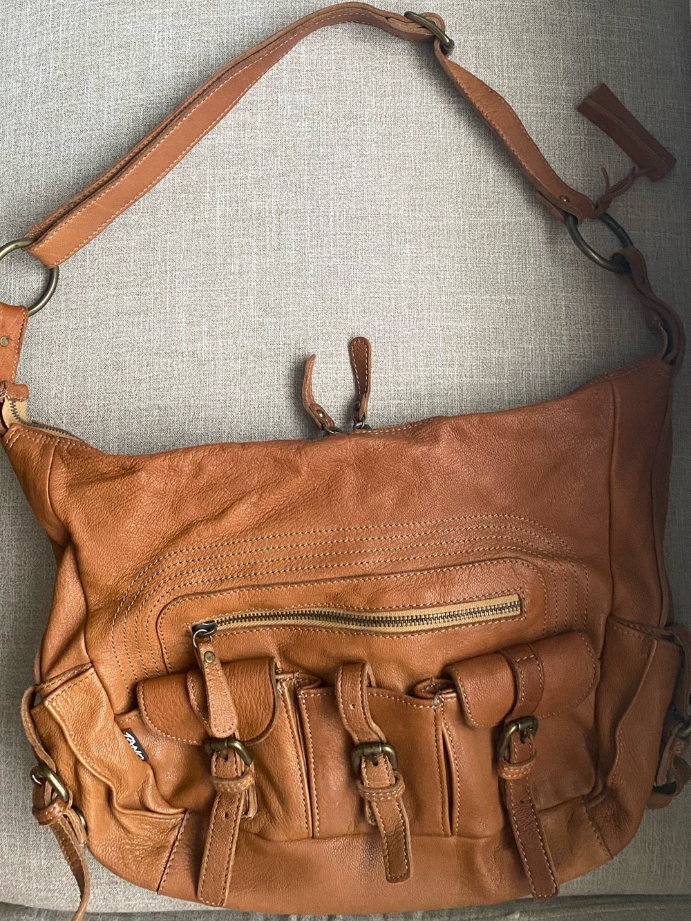 Tano Hobo Slouch Shoulder Bag Pebbled Leather In Cognac Hippie 70s Vintage Style